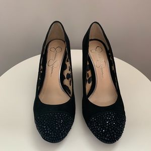Jessica Simpson black suede embellished wedges